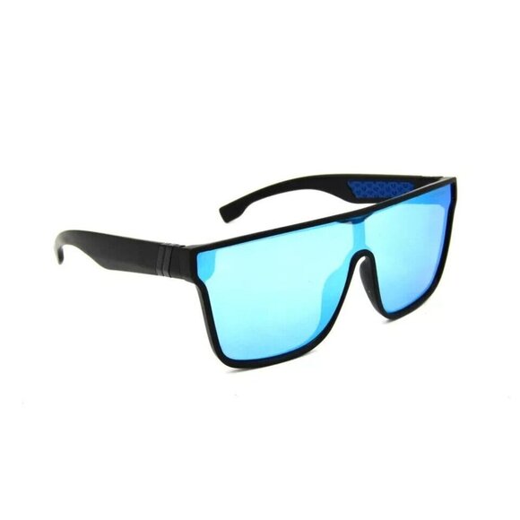 True Religion TRM1799 Unisex Flat Top Shield Black Sunglasses Blue Mirrored #G58 - Picture 3 of 6